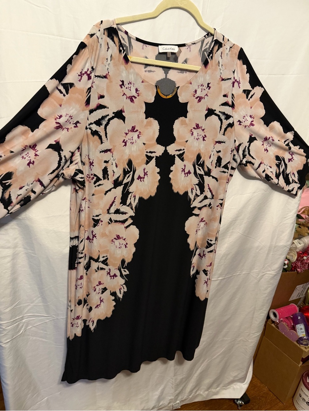 Calvin Klein Black Shift Dress with Blush Floral Motif
